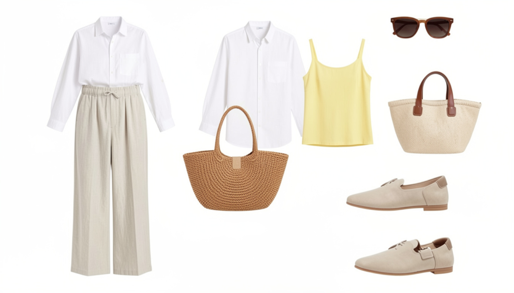 Summer fashion trends 2026 capsule wardrobe with linen trousers white shirt butter yellow top and woven bag